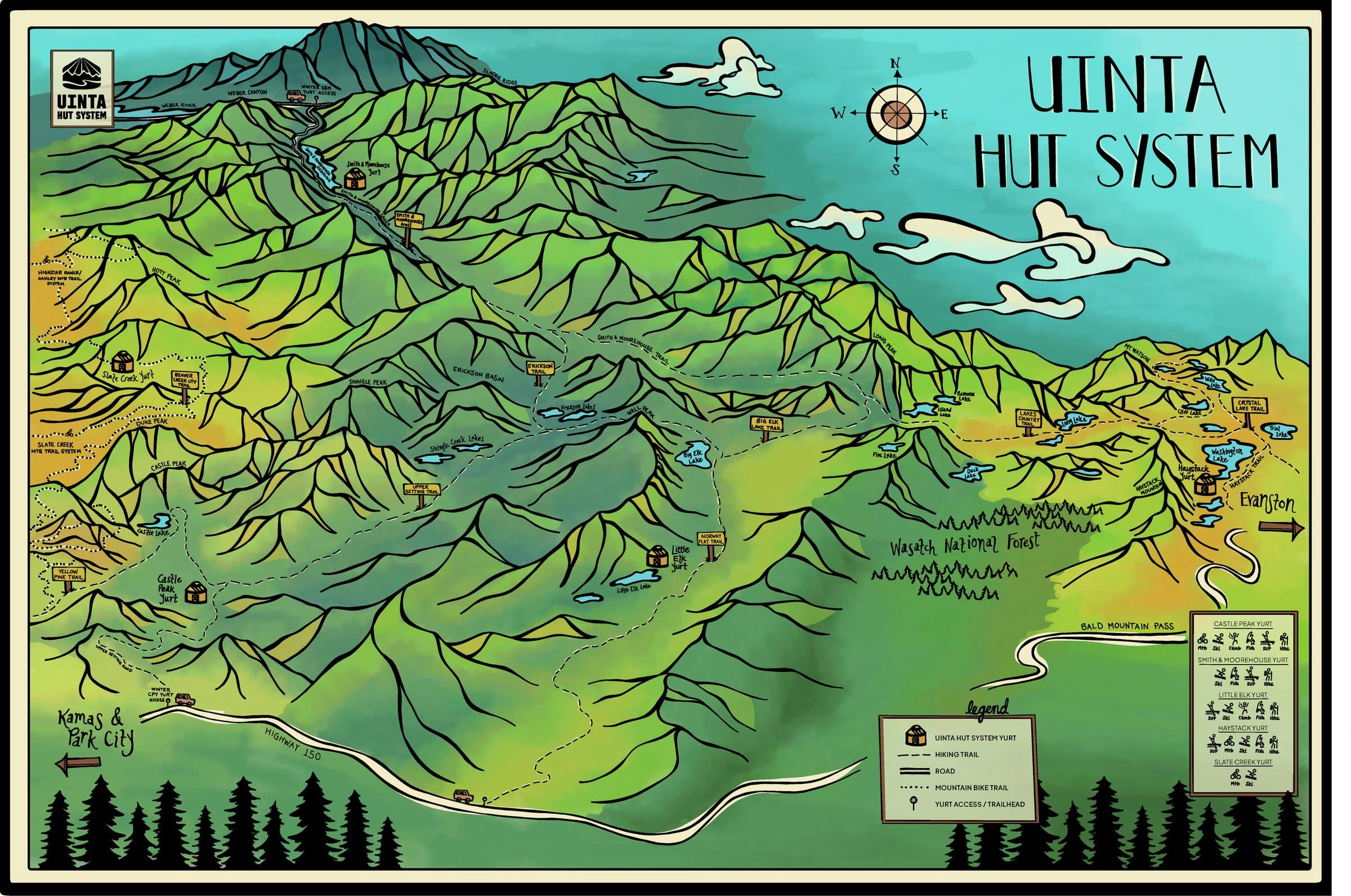 Illustrated map of the Uinta Hut System, showing the yurts, trailheads and the route from Park City